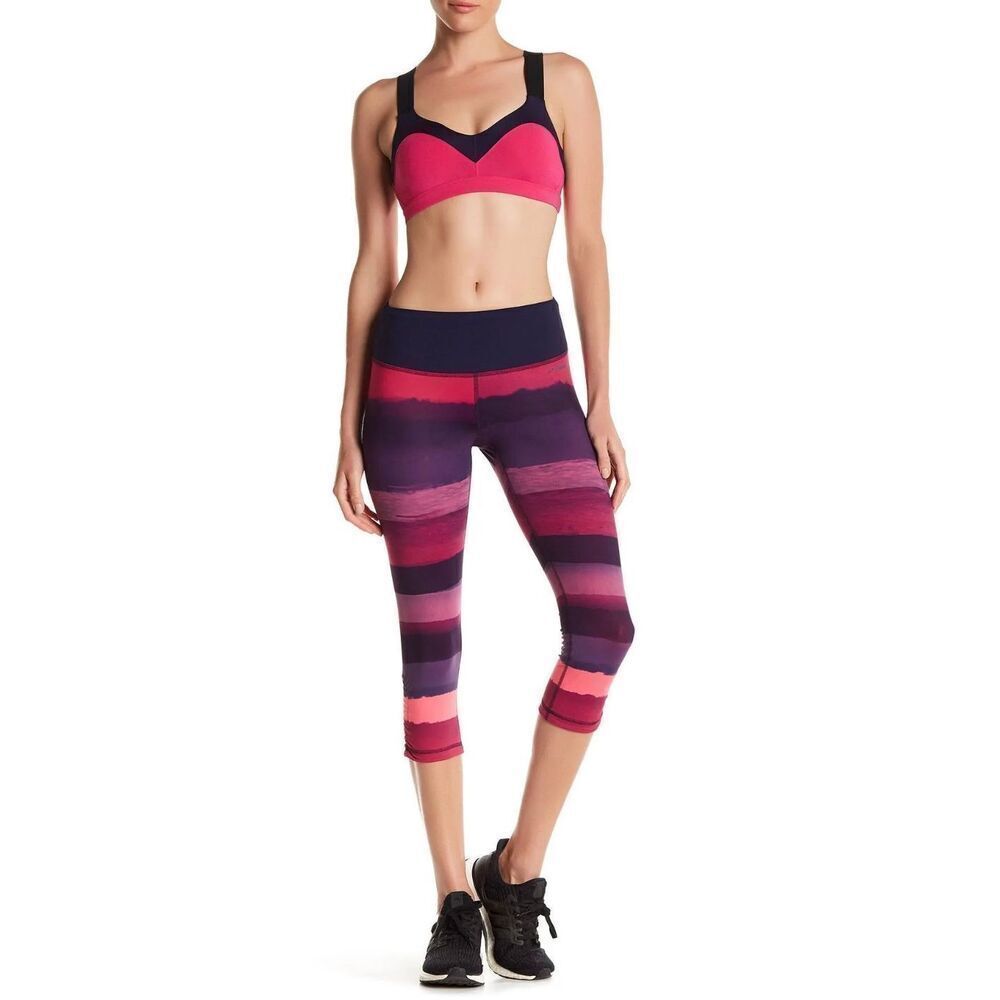 Brooks Womens Striped‎ Purple Pink Athletic Yoga Workout Capri Leggings